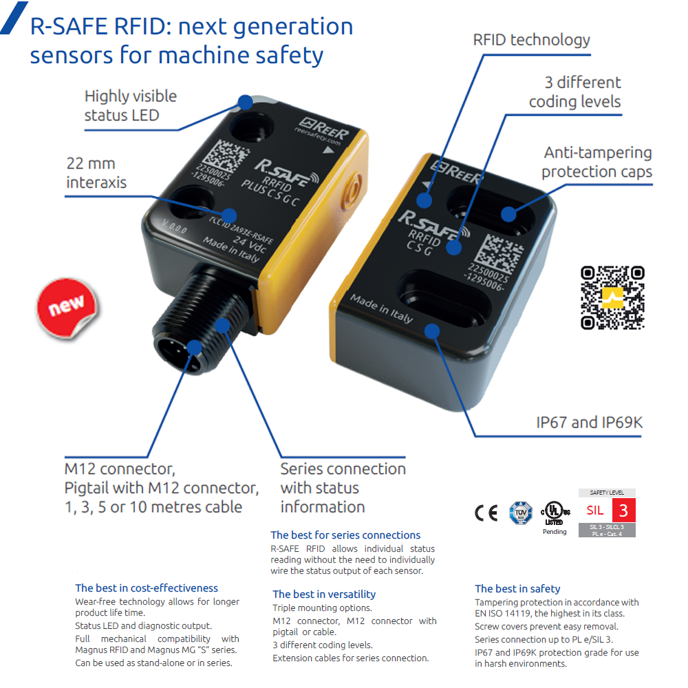 1292020 REER RFID SAFE SWITCH, SENSOR+ACTUATOR, UNIQUE CODE, AR, M12 CONNECT, INTERAXIS 22MM(MRFID C S UAM)